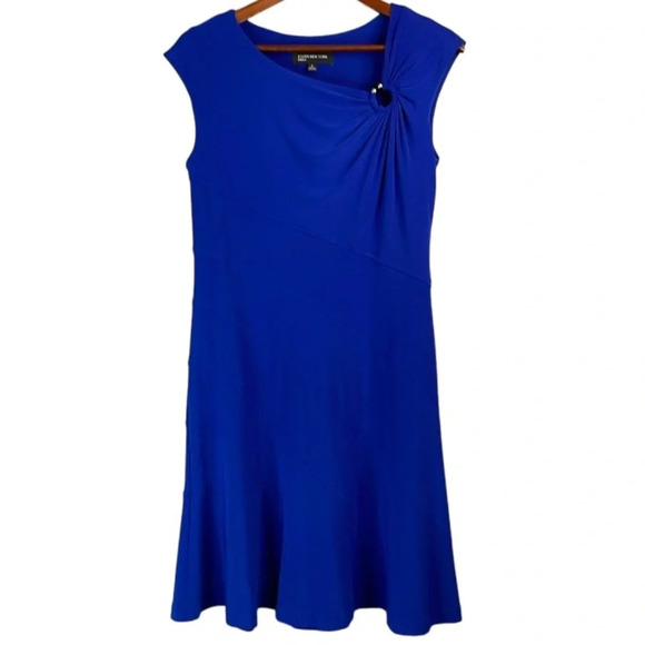 JONES NEW YORK Asymmetrical Ring Royal Blue Fit & Flare Midi Dress Cap Sleeve 6 - Picture 2 of 10